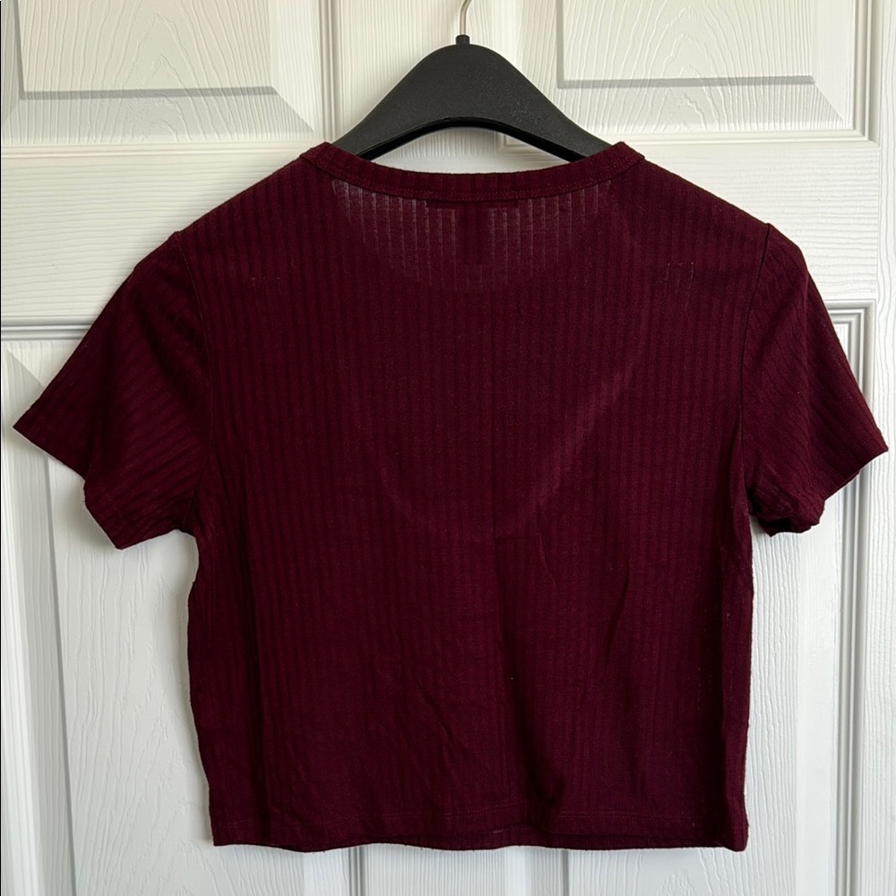 Burgundy Ribbed Crop Short Sleeve Crew Neck T-Shirt - Picture 3 of 3